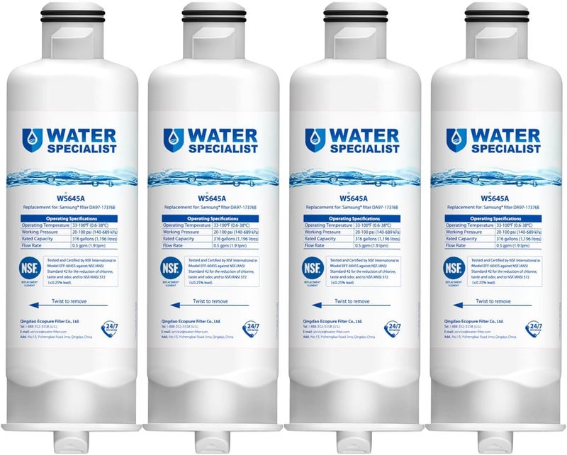 Waterspecialist فلتر مياه ثلاجة بديل Waterspecialist DA97-17376B لـ Samsung HAF-QIN/EXP، HAF-QIN، DA97-08006C، RF28R7351SG، RF23M8070SR، RF23M8070SG، RF23M8090SG، RF28R7201SR (عبوة من 4)  - Image 1